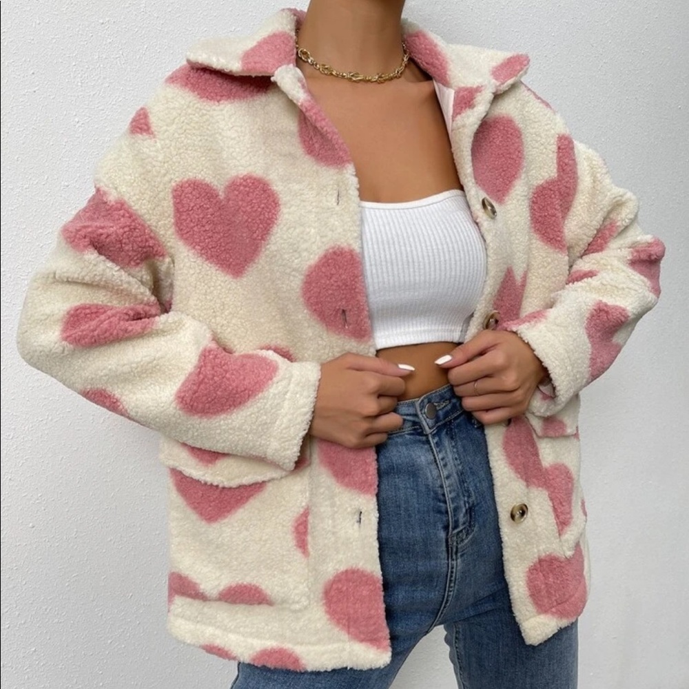 Teddy coat Sherpa jacket heart cream pink fuzzy warm collar winter - Picture 1 of 8